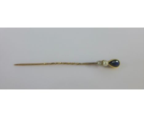 Diamond, sapphire and pearl tiepin, tests as 9 carat, 6.5cm long  