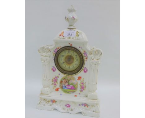 Continental porcelain cased mantle clock with transfer print Kauffmann figures and flowers, finial resorted, 36cm high 