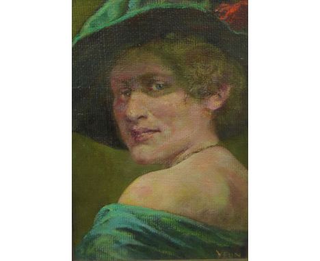 Continental School, head and Shoulders portrait of a woman wearing a green hat and off the shoulder dress, oil on board, sign