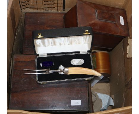 Assorted 19th century boxes to include two rosewood toilet boxes, two tea caddies, cased balance scales etc.