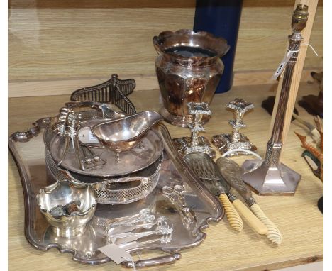 A large shaped rectangular plated two-handled tray and a quantity of other plated items, including a table lamp, a large vase