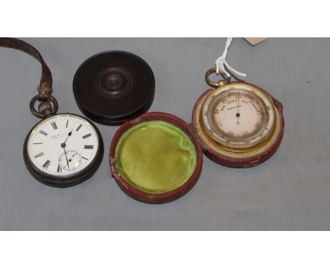 A Victorian cased pocket barometer, an H. Benson silver pocket watch and a wax seal box