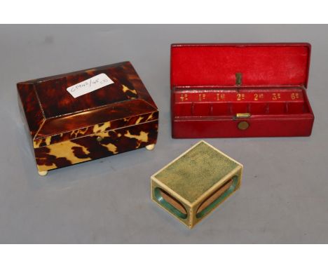 An Art Deco ivory and shagreen matchbox holder, a tortoiseshell trinket box and a stamp box