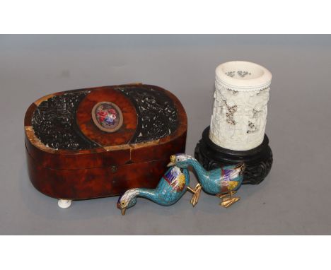 A 19th century tortoiseshell trinket box and a Chinese ivory tusk vase and a pair of cloisonne duck