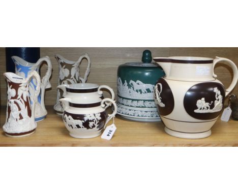 19th century coloured white stonewares to include - a large Stilton dish and cover, large ceramic jug (handle a.f.) and five 