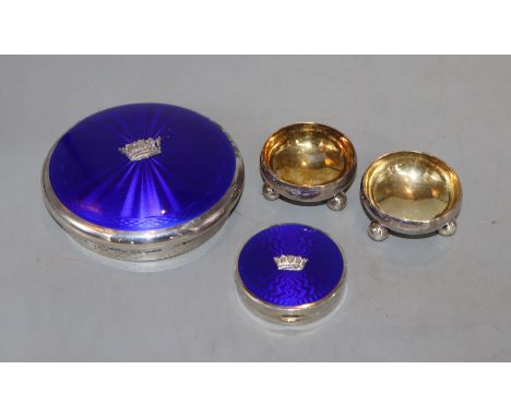 A pair of early 20th century Russian white metal salts, 46mm, a 1920's silver and enamel patch box and matching powder jar li