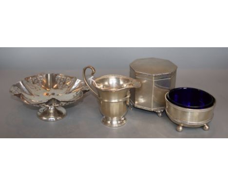 A George V octagonal silver engine-turned cigarette box, Birmingham, 1924, a silver bowl, a cream jug and a pierced tazza, gr