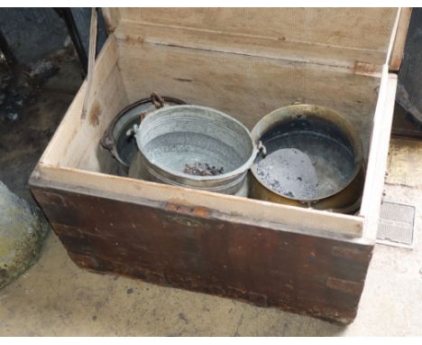 A Victorian pine trunk and a collection of mixed metalware