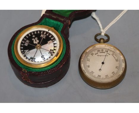 A cased pocket barometer / compass, together with a brass pocket barometer