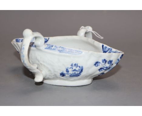 A Worcester two handled sauceboat, with chinoiserie decoration, length 16cmCONDITION: One of the spouts has a small chip to t