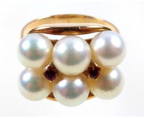 Yellow metal ring set 6 cultured pearls and 2 rubies, stamped 14K, gross 5.6grs 