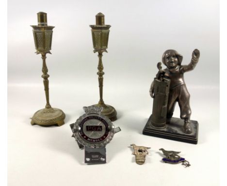 Pair of brass table lighters in the form of street lanterns, 24cm; a pewter table lighter in the form of a golf caddy, 16.5cm