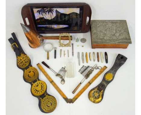 Oak box with an Art Nouveau style bird and floral embossed pewter mounted cover, initialled “P.L.”, W 24.4cm, 8 penknives, 3 