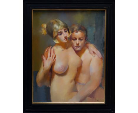 Robert Lenkiewicz (1941-2002) Nude study of 'Marc and Harriet', in an embrace, half length, oil on canvas, signature to rever