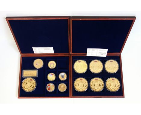 Windsor Mint Proof set of 6 gold plated with pad print Elizabeth II's First Prime Ministers medals, 70mm, with order form and