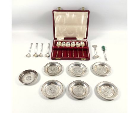 4 Egyptian white metal dishes; another dish; set of 6 Chinese coffee spoons with handles styled as bamboo, stamped "Wang Hing