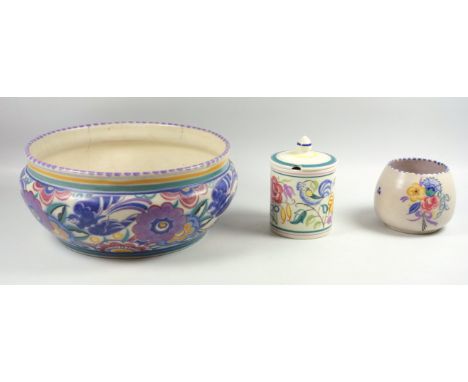 Carter Stabler Adams Poole pottery bowl decorated to the sides with flowers, 22cm diameter, a Poole pottery preserve pot and 