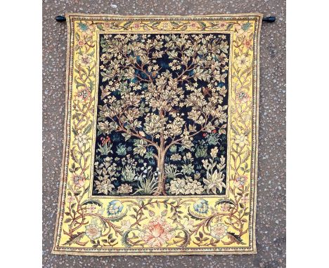 Belgian tapestry with "Tree of Life" style decoration within a floral border, 130cm x 106cm 