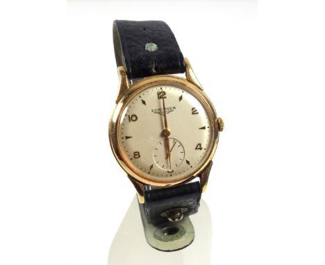 Longines yellow metal gentleman's wristwatch with an ivory coloured dial, seconds dial, Arabic and arrow head markers, enclos