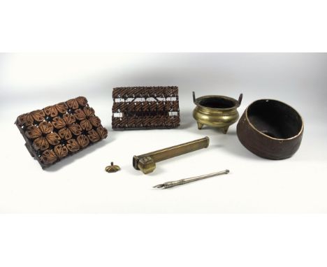 An Ottoman brass Qalamdan travelling quill holder with inkwell and pen 19cm a/f, A Chinese brass incense burner 11.5cm, anoth