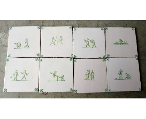 19th century delft tiles, square, handpainted in green depicting children playing, 13cm, approx. 25 a/f 