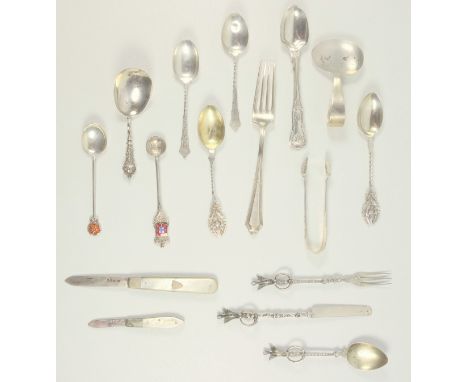 Late Victorian silver King’s pattern egg spoon, caddy spoon, 6 other spoons, fork, pair of tongs, 2 foreign spoons, knife and