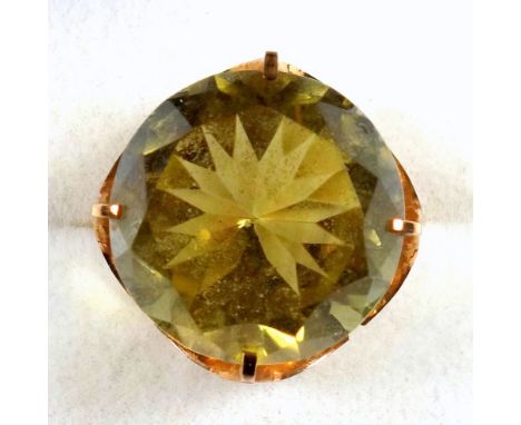 Yellow metal ring set smokey quartz, 2cm, stamped 14K?, gross 10.4grs 