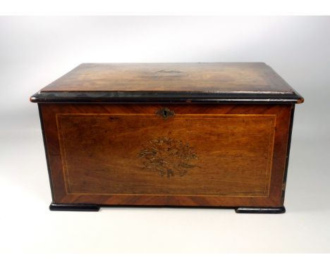 19th century cylinder music box, with 15.5cm cylinder, single comb, and 3 bells, in a veneered and inlaid case, 20.5 x 43 x 2