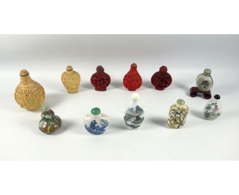 A Collection of snuff bottles a/f, including cinnabar, resin, porcelain and glass, and a quantity of display stands, some woo