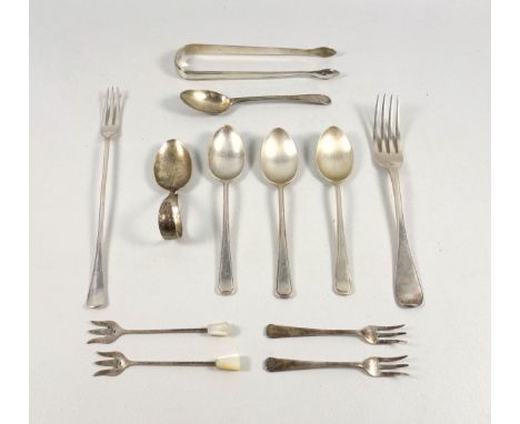 George III silver bright cut tea spoon; sugar tongs, by Peter &amp; Ann Bateman London 1794; child's spoon, Birmingham 1915; 