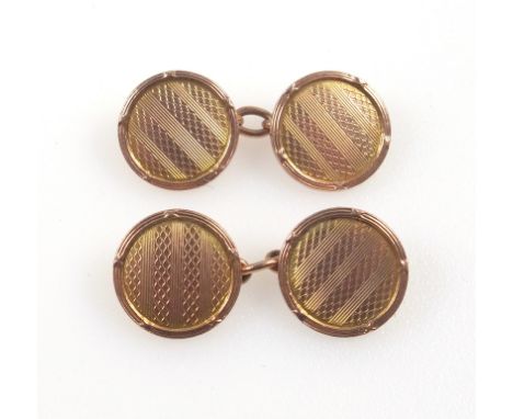 Pair of 9ct gold engine turned disc cufflinks, dated on the reverse "15.10.24", 5.9grs 