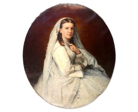 19th century British school, oval wedding portrait of a young woman in a white bridal gown and veil, wearing fine jewellery, 