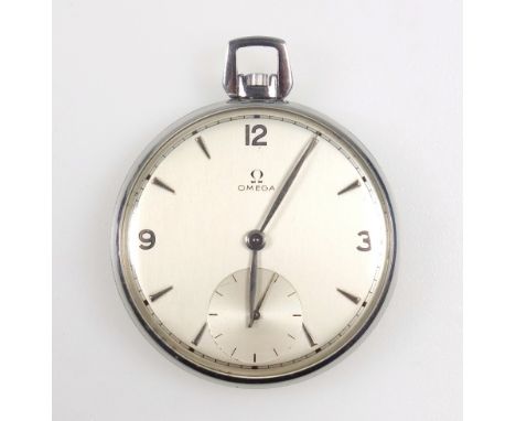 Omega stainless steel pocket watch with a champagne dial, seconds dial, Roman numerals and arrow head markers enclosing a top