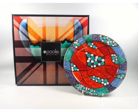 Nicola Masarella for Poole Pottery Studio, a unique modern charger, hand painted in orange, blue, silver and turquoise patter