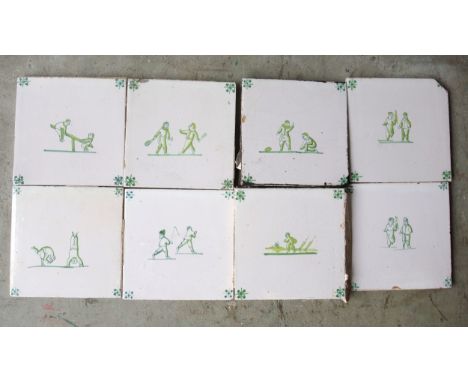 19th century delft tiles, square, handpainted in green depicting children playing, 13cm, approx. 25 a/f 