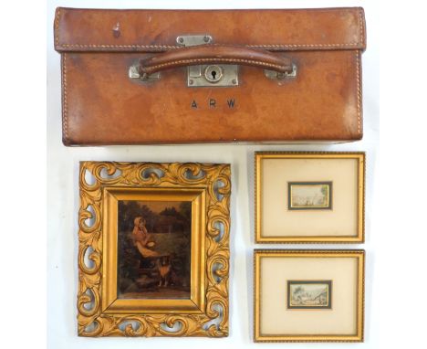 Mappin & Webb leather vanity case with a quilted interior, initialled A.R.W, 26.5 x 30.5 x 13.5cm; pair of small Baxter print