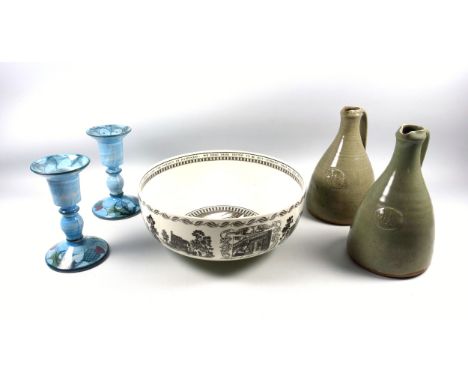 David Leach (1911-2005) for Leach Pottery, St. Ives, pair of stoneware mead jugs in a green glaze, H.20.5cm and H.20cm; Wedgw
