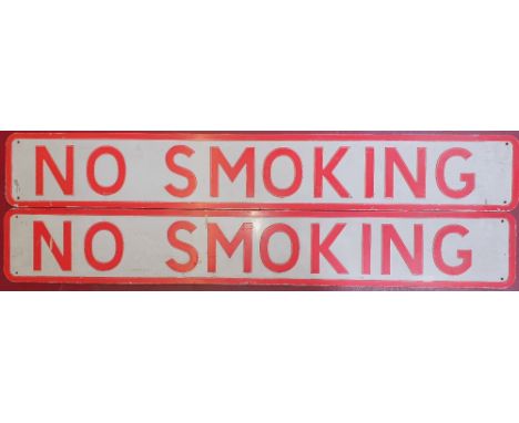 A pair of red and white enamel and aluminium NO SMOKING signs, 15 x 104 cm.