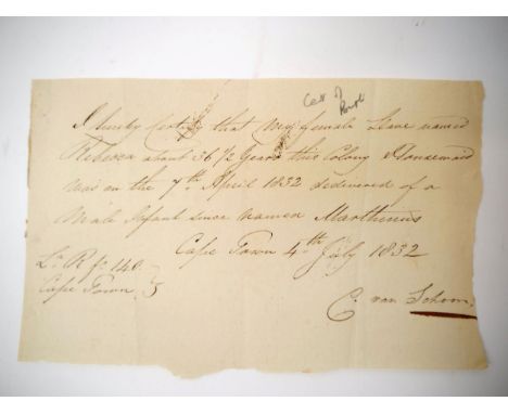 A handwritten certificate of birth for a slave, Cape Town, 4th July 1832, "I hereby certify that my female slave named Rebecc