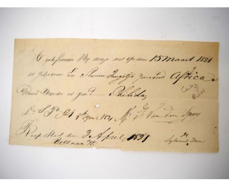 A handwritten certificate of birth for a slave, Cape Town, 3rd April 1821, a boy named Africa, his mother named Philida, born