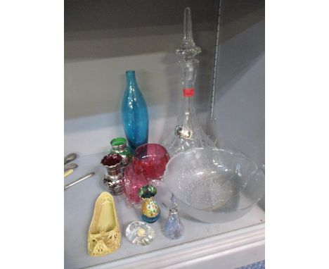 A selection of ceramic and glass to include a Royal Worcester Persian style slipper shoe, a cut glass decanter and stopper wi