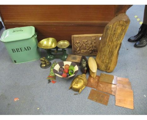 A miscellaneous lot to include an enamelled bread bin and 'The Milking' brass and green painted metal kitchen scales, a Scand