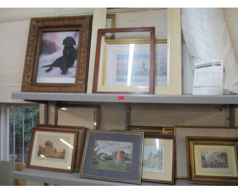 A mixed lot of pictures to include John Trickett - a limited edition print of a sitting black Labrador in a winter snow scene