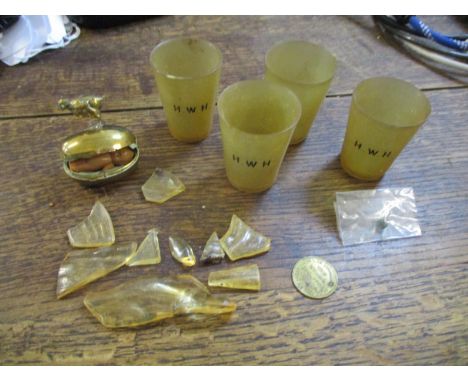 A mixed lot to include a set of four horn beakers with owners initials to front, a brass ring box in the form of an egg surmo