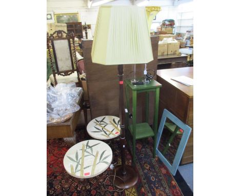 A mixed lot of small furniture to include a green painted plant stand, wall mirror, standard lamp and shade, two occasional t