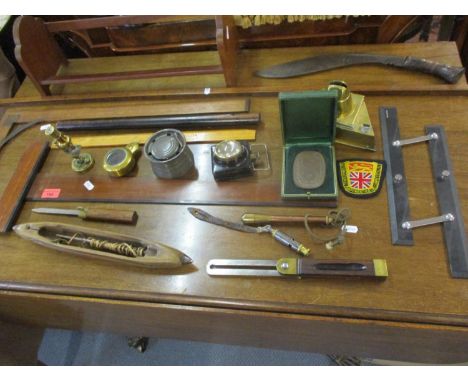 A Kukri knife, vintage surveying treen instruments, a loom shuttle, a miniature microscope, inkwells and other items.Location
