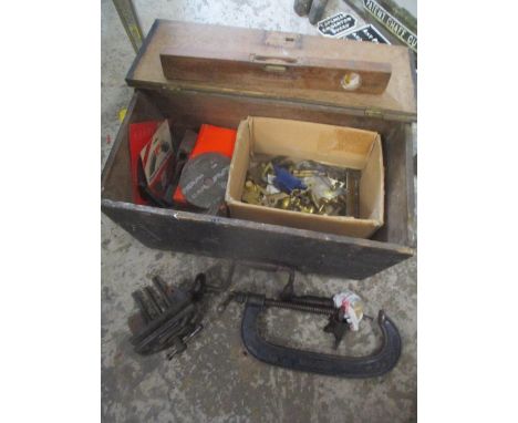 A selection of vintage tools to include a spirit level, clamps and other items, all contained in a tool box 