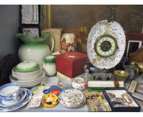 An oak pipe stand, a faience clock A/F, a Napoleon hat shaped mantle clock, mixed ceramics and dressing table items, Christen