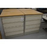 (3) 4 Drawer Metal Cabinets with wood finished formica tops, 24" x 30.5", 36.5" Tall