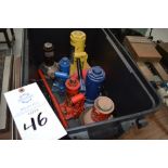 Lot of 6 bottle jacks of various sizes tonnage and makes, including black plastic bin, ranging